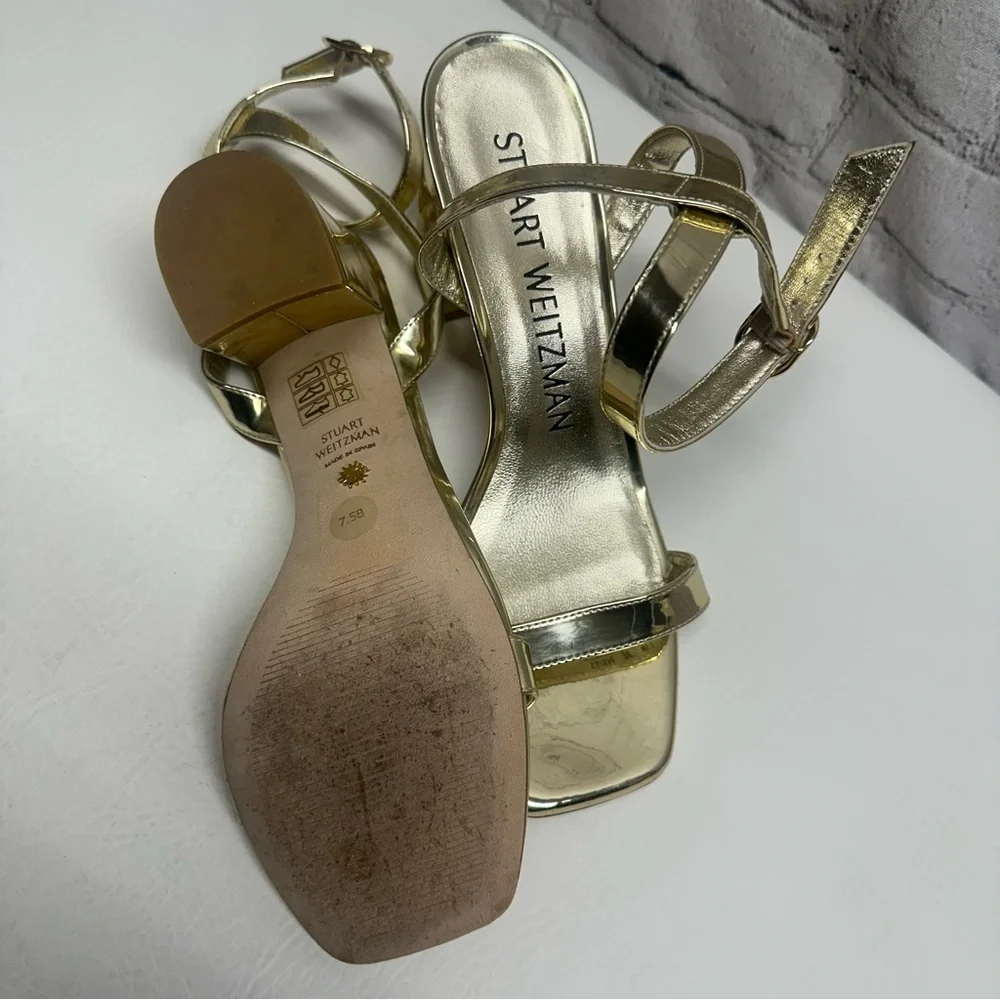 Stuart Weitzman Metallic Gold Block Heel Sandals Sz 7.5